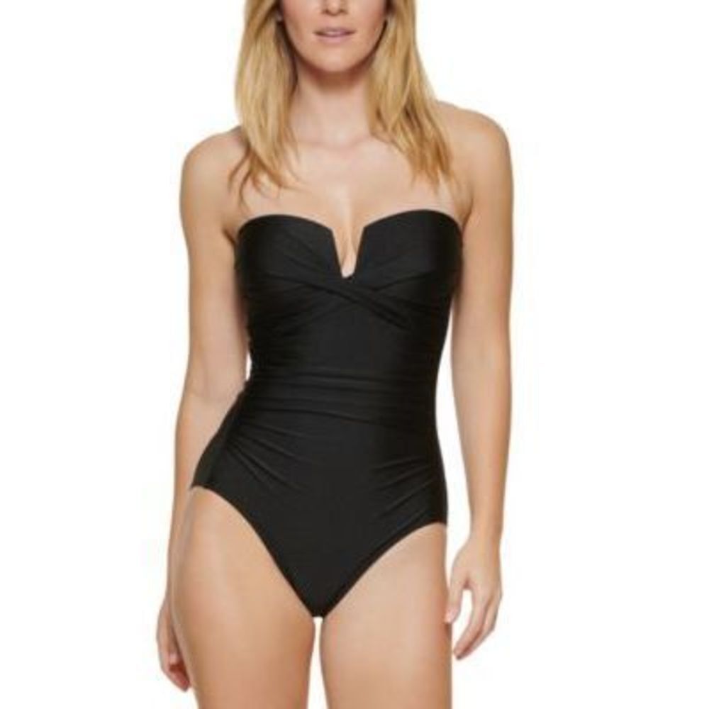 Calvin Klein Shirred Tummy-Control Bandeau One-Piece Swimsuit Women's Black 14 - Picture 1 of 1